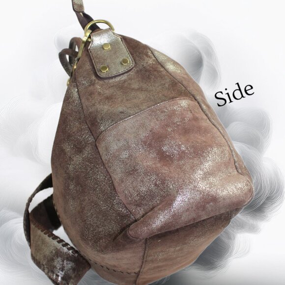Hobo Shelia Brushed Metallic Heavy Metal Coffee Leather Shoulder Tote - Picture 5 of 11